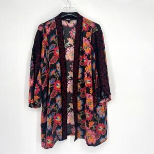 Johnny Was Sidonia Cardigan Womens L Silk Dark Floral Embroidered Boho Tropical